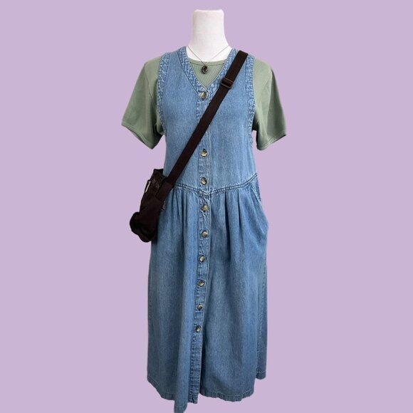 vintage 90s denim girly preppy western button front dress - Picture 1 of 8